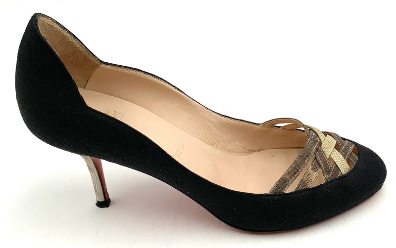 CHRISTIAN LOUBOUTIN Black Coated Fabric Reptile Cross Cross Pumps 37.5