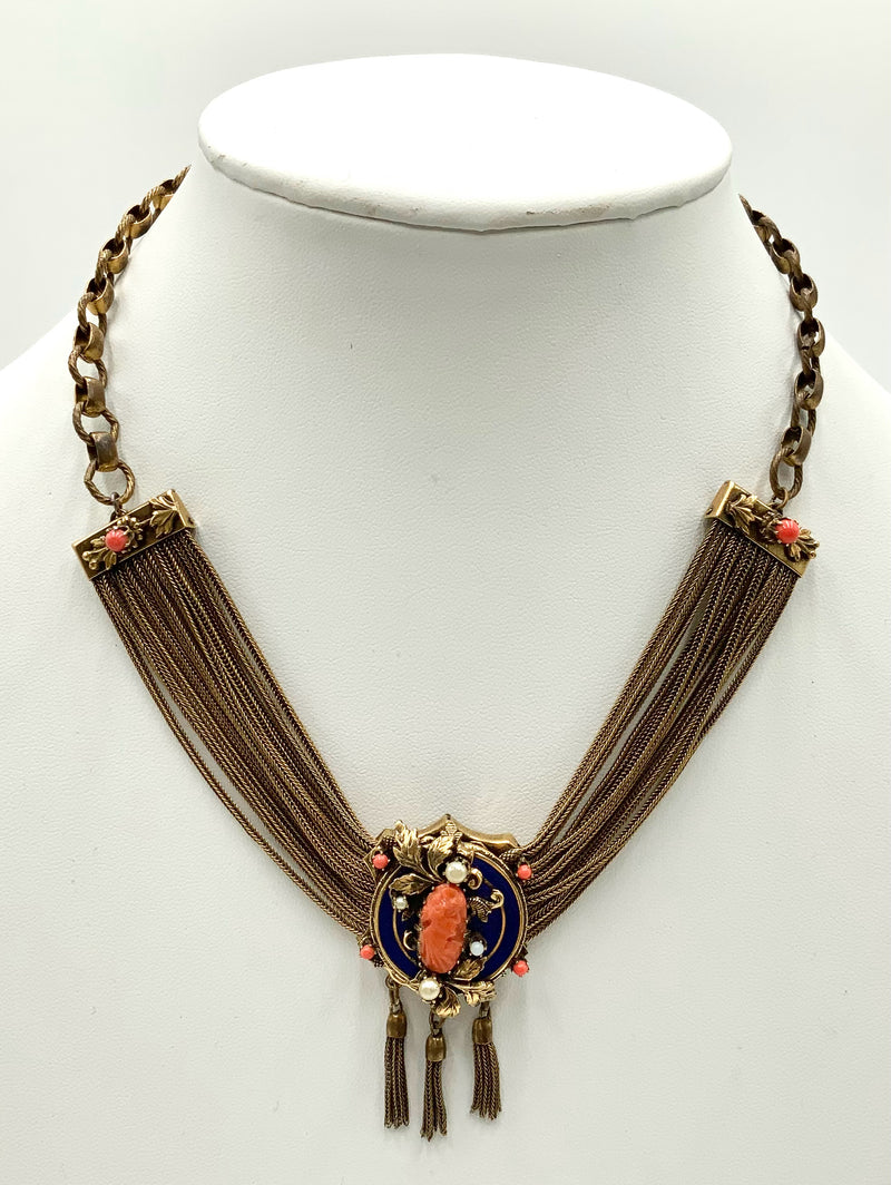 Victorian Revival Goldtone, Coral, Pearl, Enamel & Glass Necklace