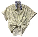 Ivory/Blue Floral w/Blue & White Ruffle Collar Upcycled S/S B/D Top