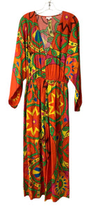 RHODE Red/Green/Yellow Mod Print V-Neck L/S "Blake" Jumpsuit