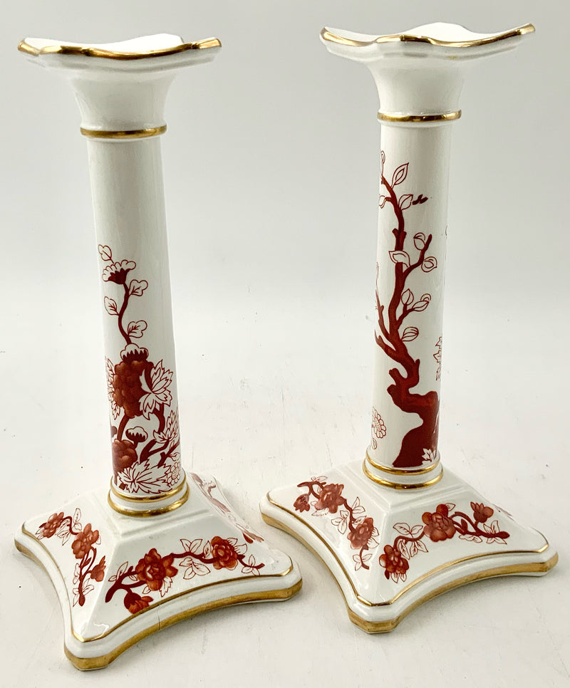 Pair of Coalport Indian Tree Coral Candlesticks AS-IS