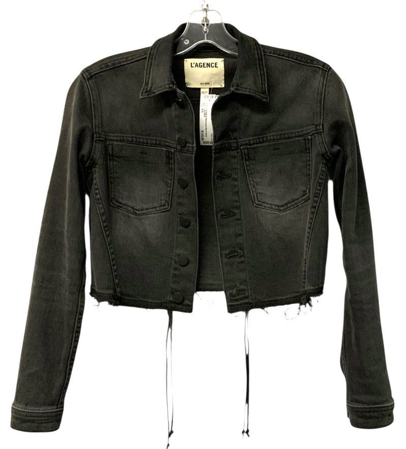 L'AGENCE Distressed Black Wash "Zuma"  Lace Up Cropped Jean Jacket