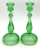 Pair of Green Vaseline Glass Candlesticks