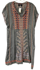 JOHNNY WAS Grey w/Multi Embroid Split Neck Cap Sleeve Dress