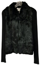 WHBM Black Rabbit Fur Ribbed Knit L/S Zip Sweater