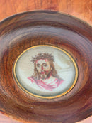 Vintage Petit Point Portrait of Jesus in Wood Frame