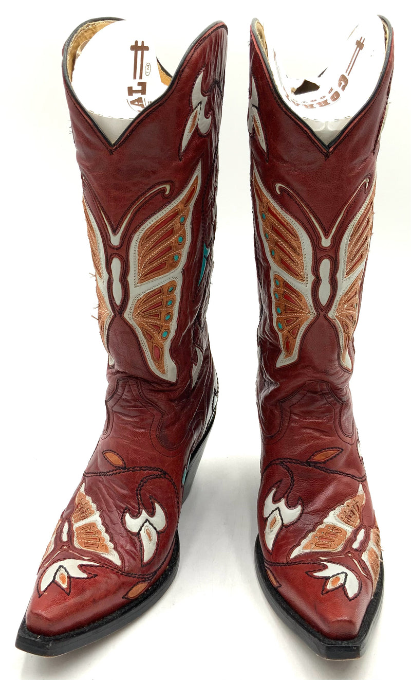 CORRAL Dk Red Leather w/Butterfly Inlay Snip Toe Cowboy Boots 6