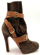 CHRISTIAN LOUBOUTIN Brown Suede Tan Leather Ankle Wrap Buckl H/H Booties 39
