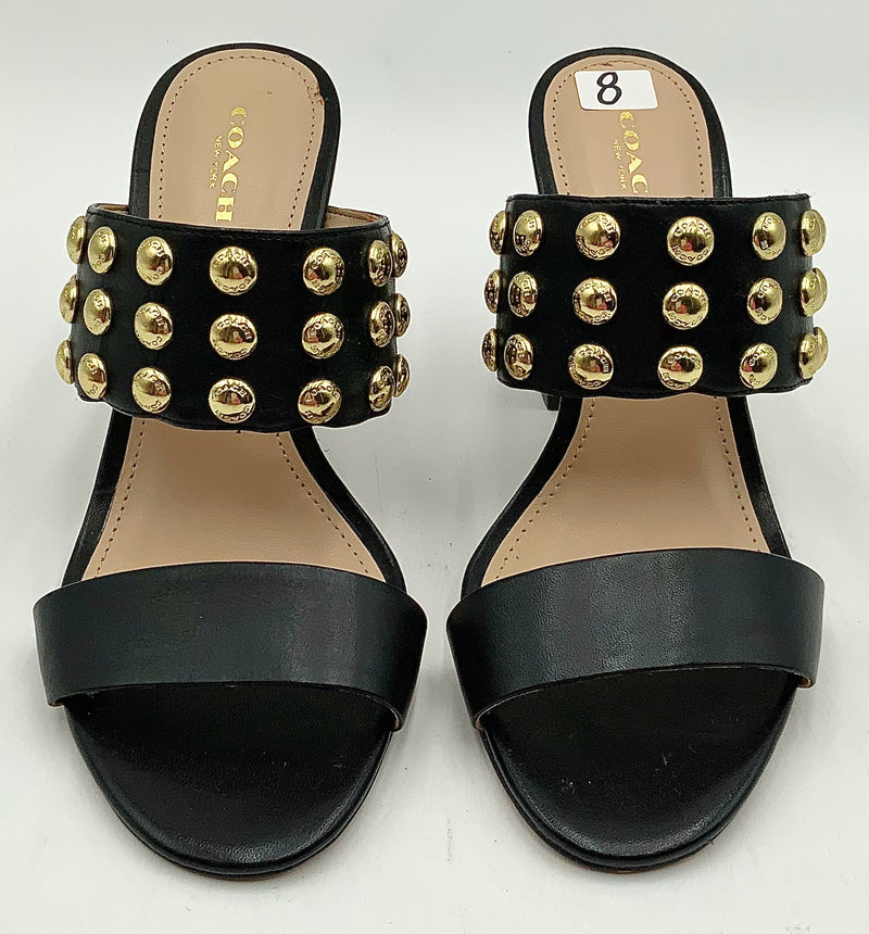 COACH Black Leather Gold Stud Olivia H/H Sandals 8