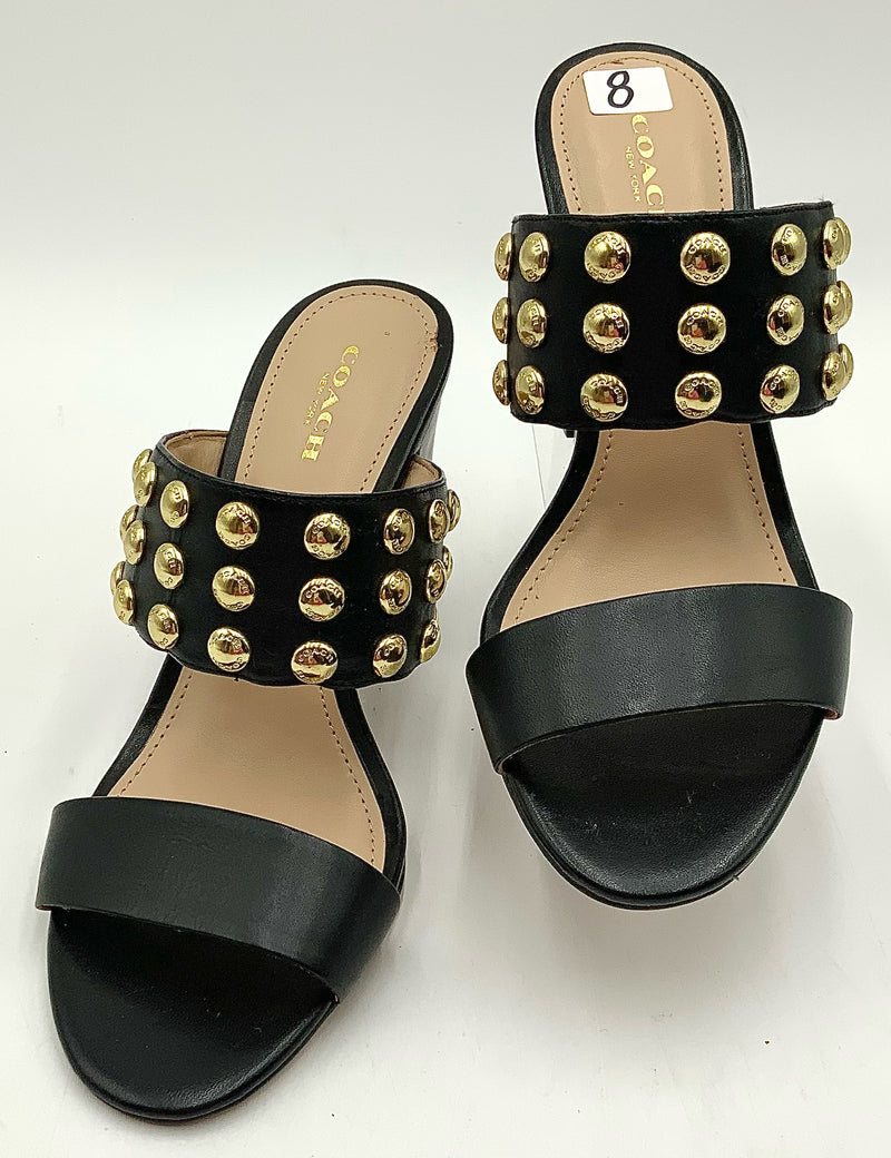 COACH Black Leather Gold Stud Olivia H/H Sandals 8