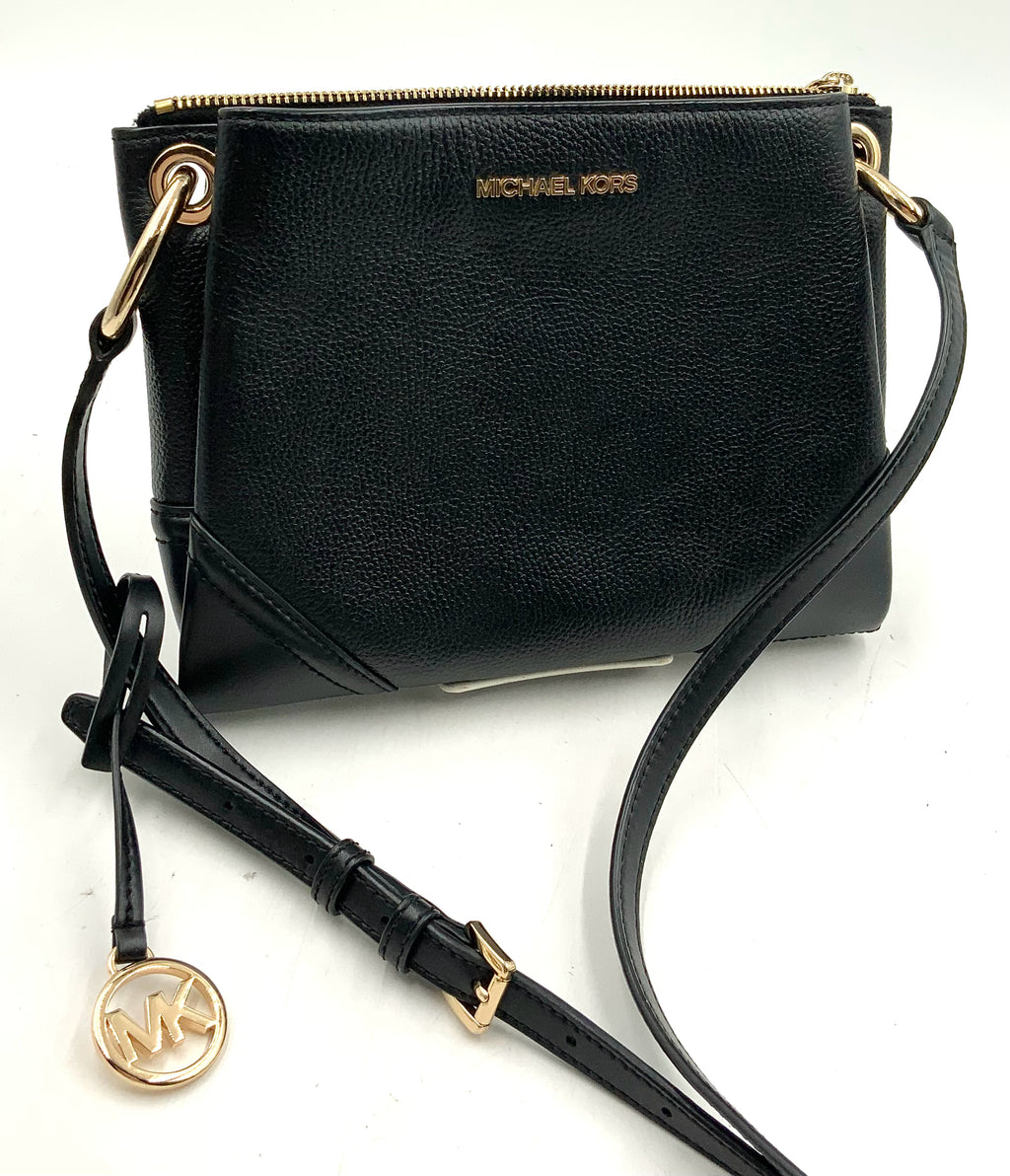 MICHAEL KORS Black Pebbled Leather Double Pocket Crossbody Bag