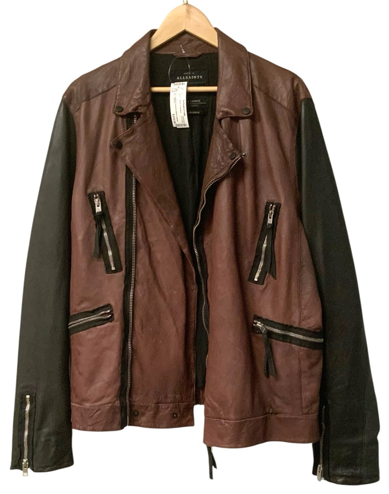ALL SAINTS Cordovan Black Leather Moto Zip Jacket