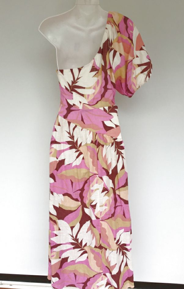 MINKPINK Pink Wht Rust Tan Floral One Shlder Kali Dress