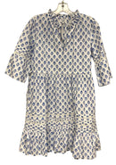PINK CITY PRINTS Blue/White Floral Block Print Bell Sleeve Dress