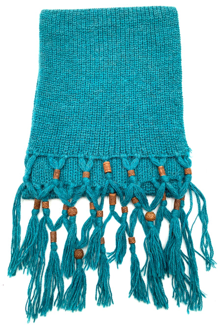 ORIGIN ALPACA Teal Knitted Alpaca Carved Bead Fringe Scarf