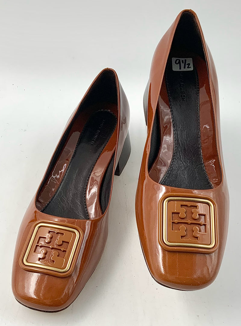 TORY BURCH Warm Brown Patent Lea Square Toe Logo Georgia Pumps 9.5