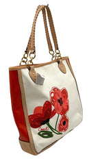 COACH Vintage Tan Poppy Leather Cream Canvas Poppy Flower Applique Tote Bag