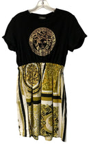 VERSACE Black Gold Logo Baroque Fabric T Shirt Dress