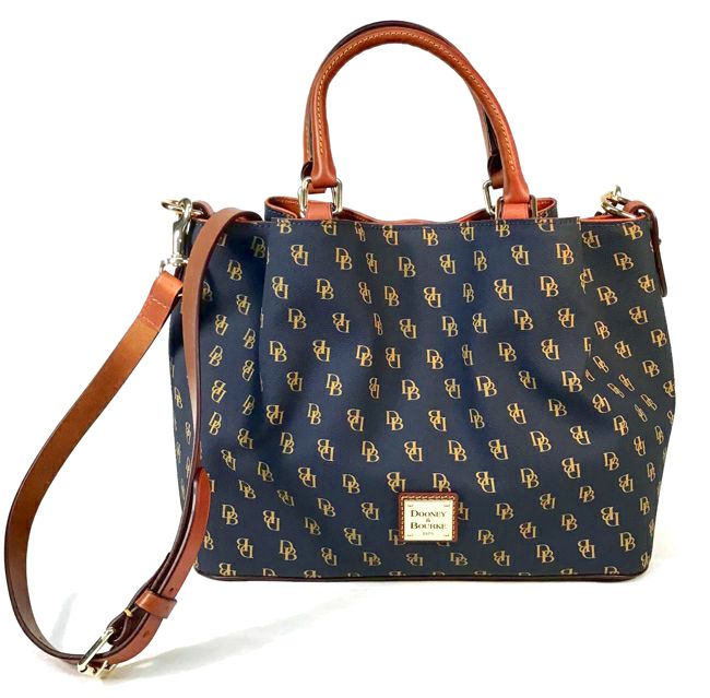 Dooney & Bourke Brown Leather Navy Coated Canvas Gretta Brenna Satchel