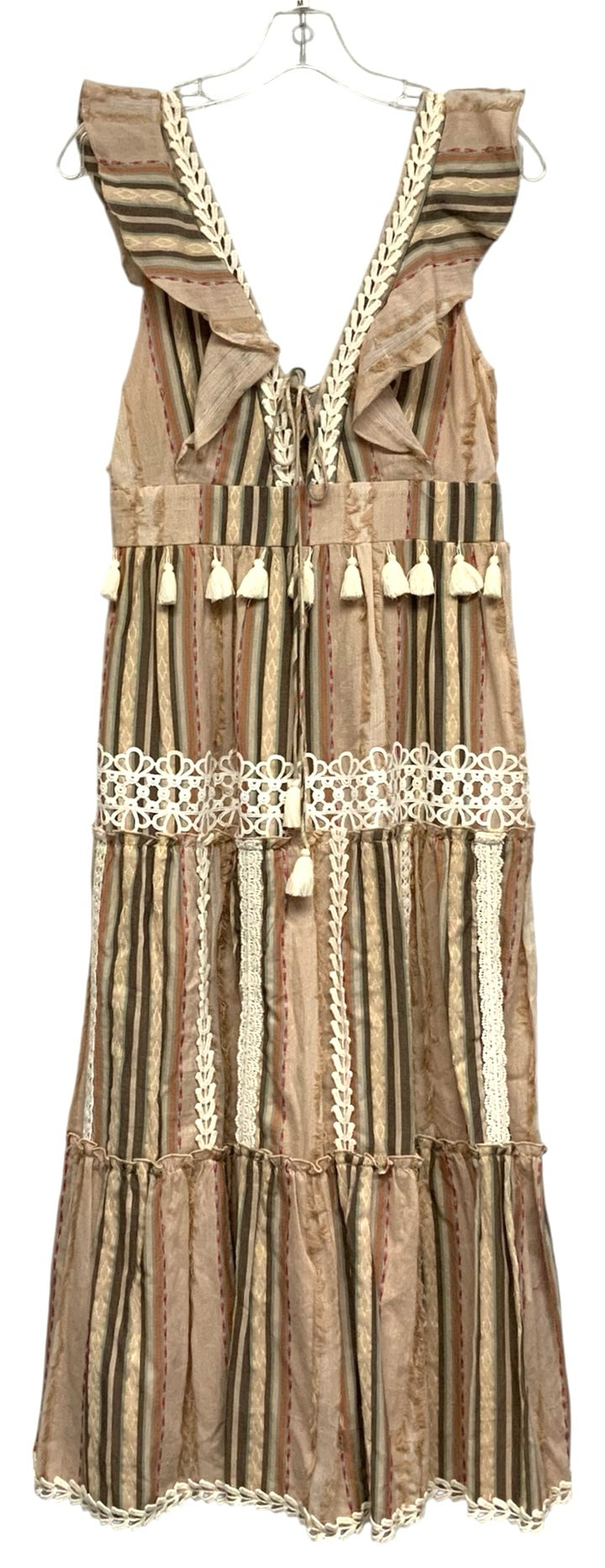 HEMANT & NANDITA Tan Mutli Stripe Cream Lace Tassel S/L Midi Dress