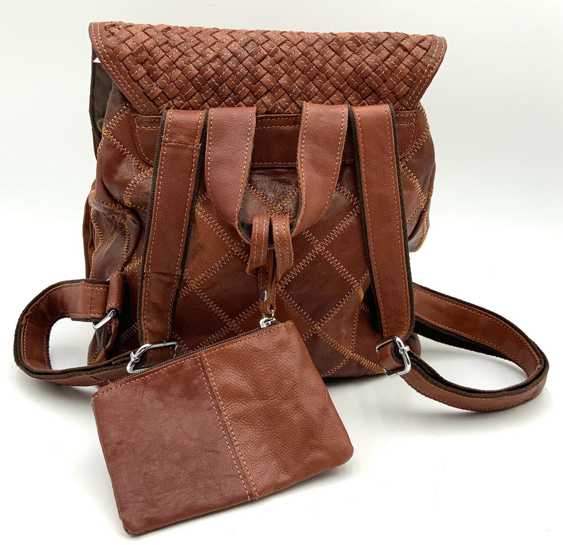 AMERILEATHER Brown Woven Leather Fringe Backpack