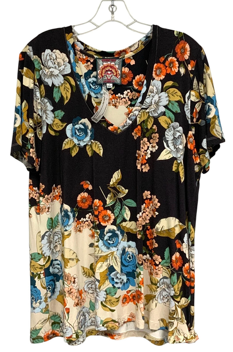 JOHNNY WAS Black/Blue/Orange/Multi V-Neck S/S Top