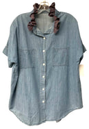 Blue Chambray Red Plaid Ruffle Collar S/S B/D Upcycled Blouse