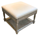 Rustic Wood Ottoman With Linen Upholstery