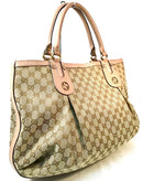 GUCCI Tan Leather Beige GG Canvas Gold Studded Large Scarlett Shoulder Bag