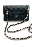 CHANEL Vintage Black Quilted Lambskin Leather Wallet On Silvertone Chain Bag