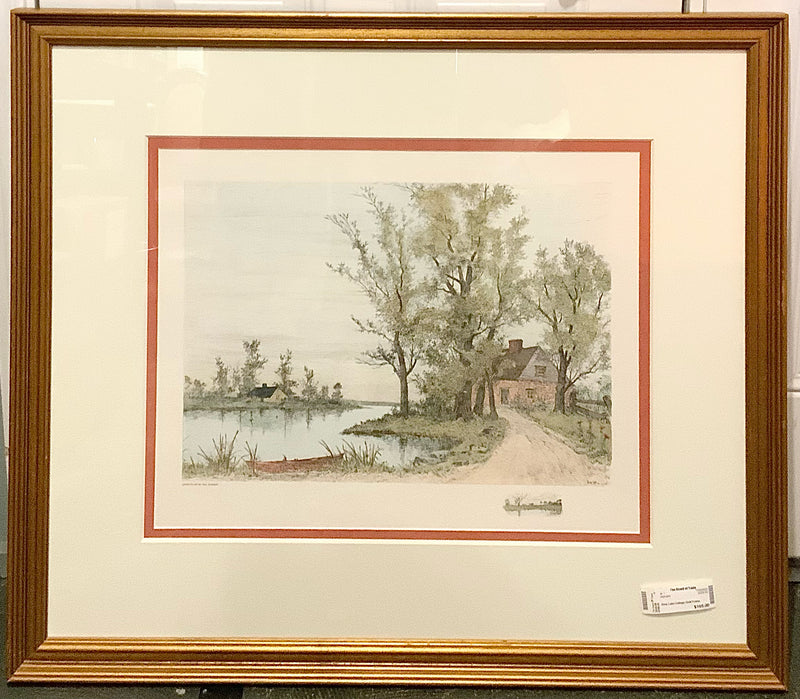 Vintage Print of Lake Cottage in Gold Frame