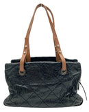 CHANEL Vintage Black Quilted Leather Brown Strap Tote