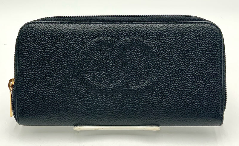 CHANEL Black Leather CC Logo Zip Around Wallet