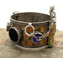 Moroccan Sterling, Enamel & Glass Hinged Bracelet
