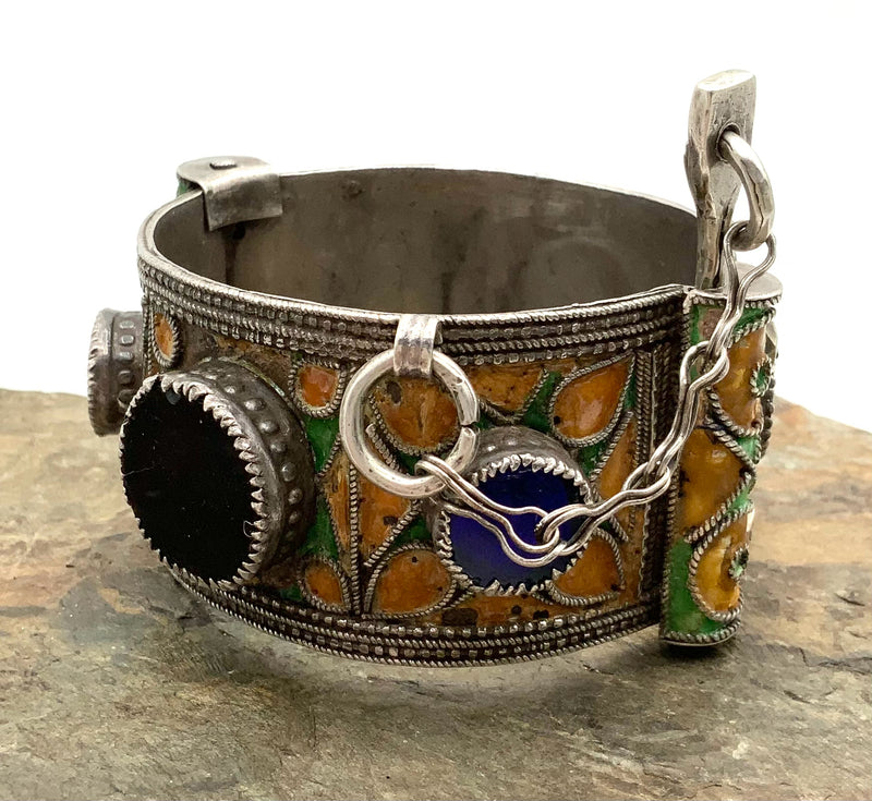 Moroccan Sterling, Enamel & Glass Hinged Bracelet