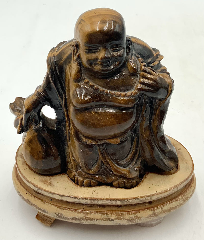 Tiger's Eye Carved Buddha on Wood Stand