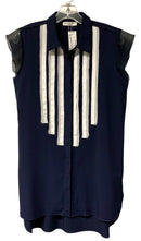 PATRIZIA LUCA Navy w/White Grosgrain Ribbon Stripes Flutter Sleeve B/D Top