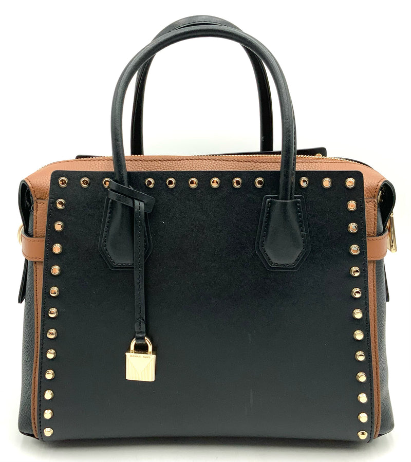 MICHAEL KORS Black Tan Belted Leather Goldtone Studded Mercer Satchel