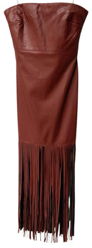 LIKELY Wine Faux Leather Fringed Bottom S/L Mirren Dress