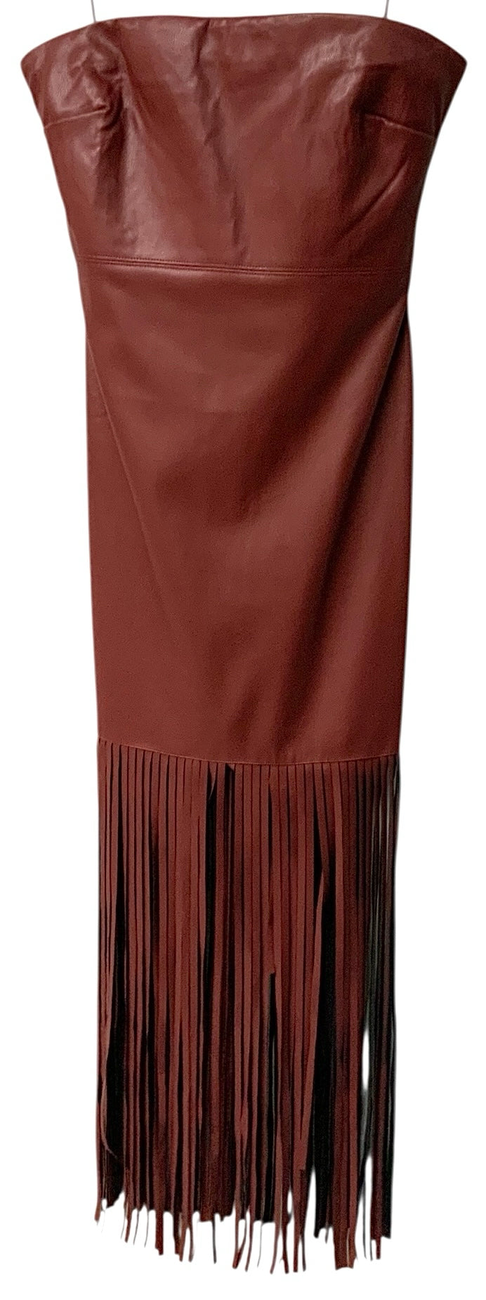 LIKELY Wine Faux Leather Fringed Bottom S/L Mirren Dress