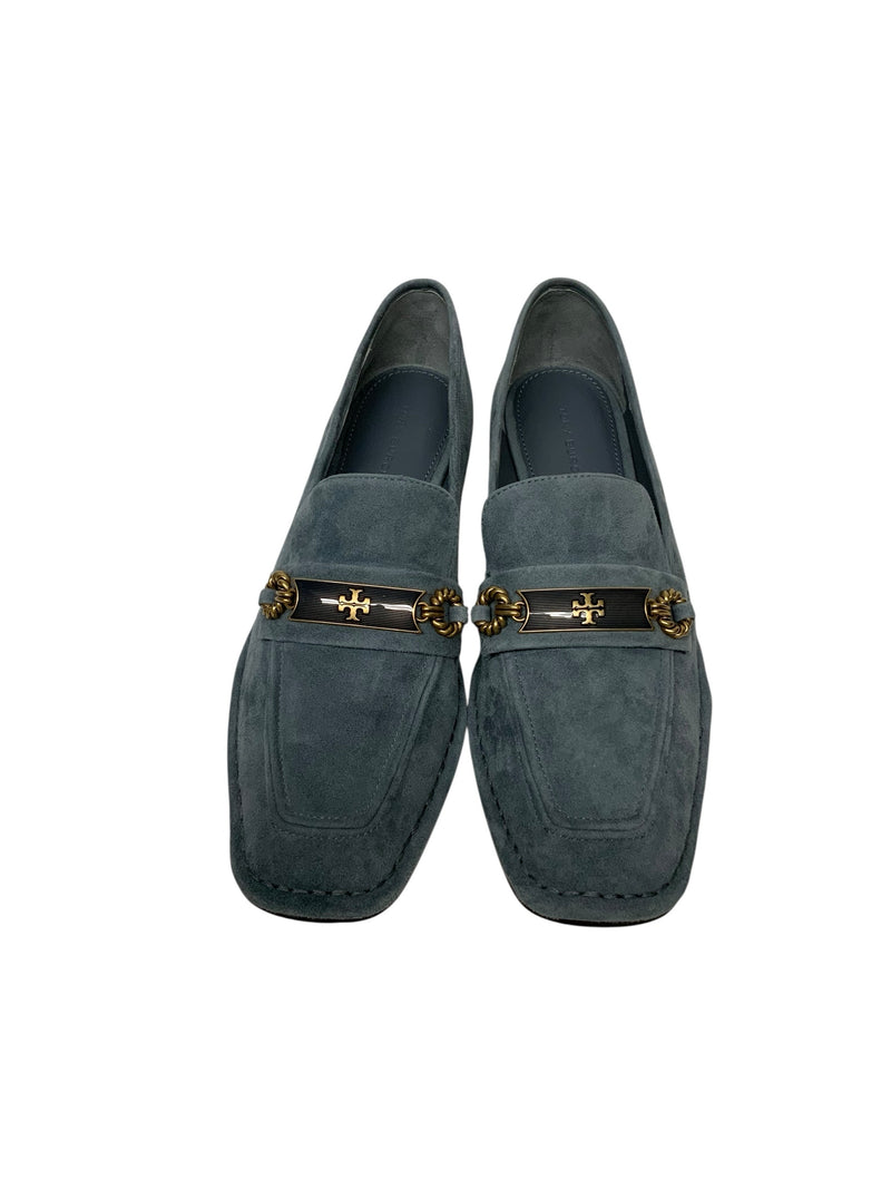 TORY BURCH Rainwater Blue Sue w/Metallic Logo Embell "Perrine" Loafer 7
