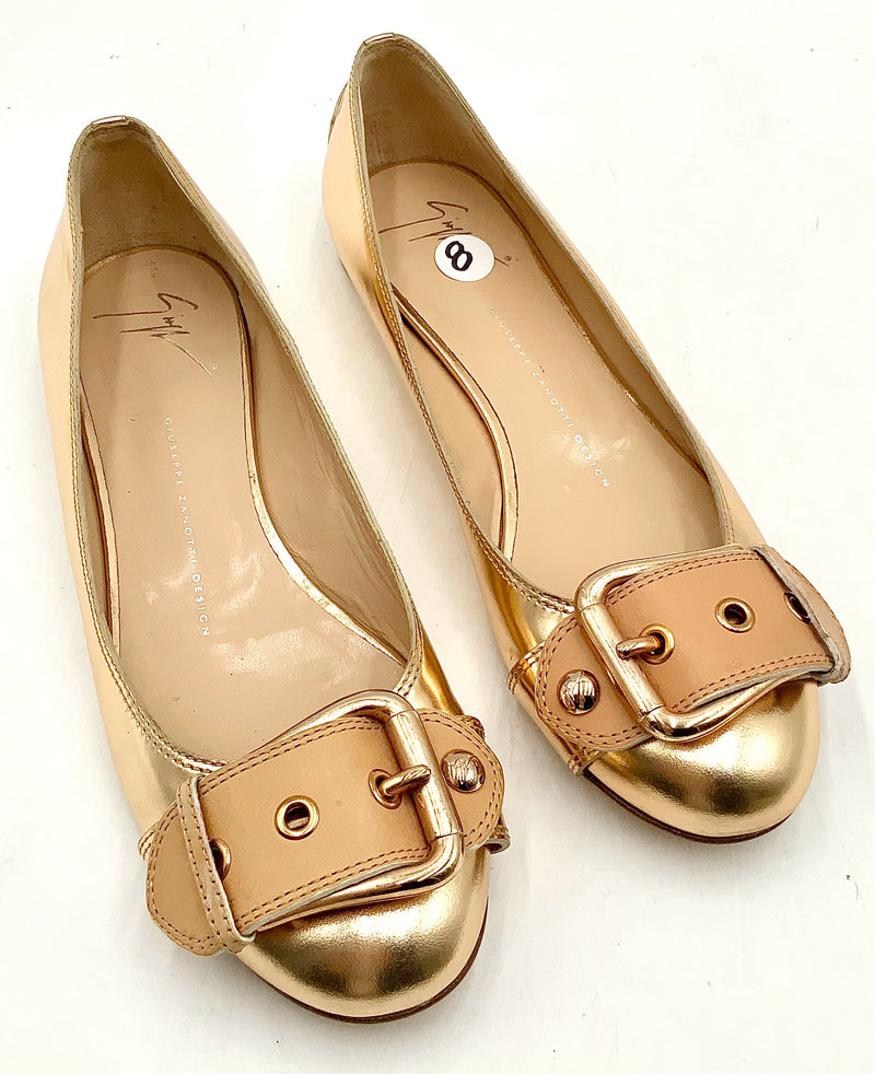 GIUSEPPE ZANOTTI Rose Gold Tan Leather Buckle Flats 38