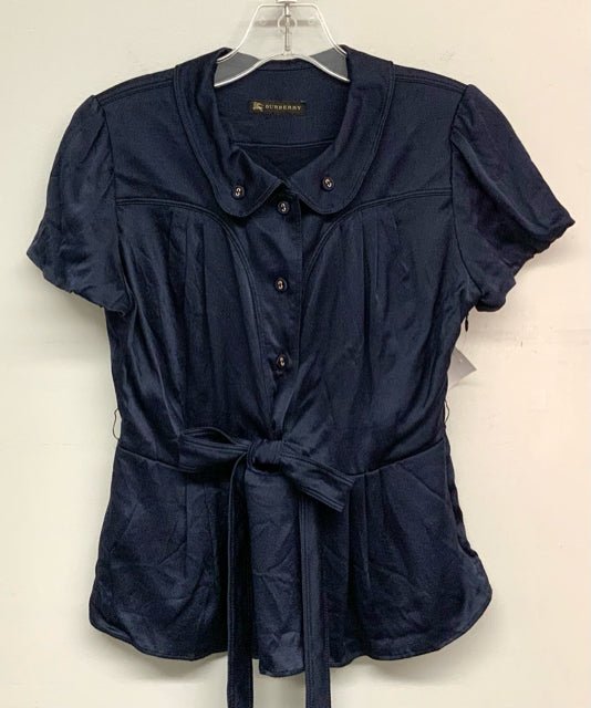 BURBERRY Navy Silk Collared B/D Cap Slv Belted Top