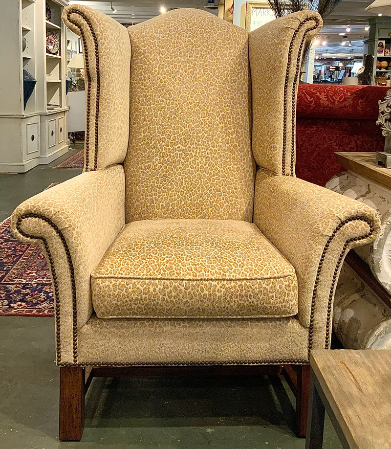 Oversize Wing Chair with Neutral Animal Print Upholstery