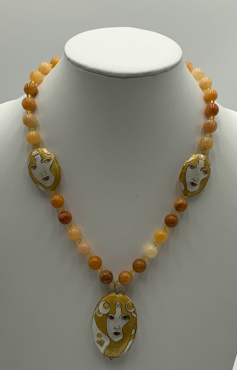 Goldtone Jasper Beaded Oval Pendant  Necklace