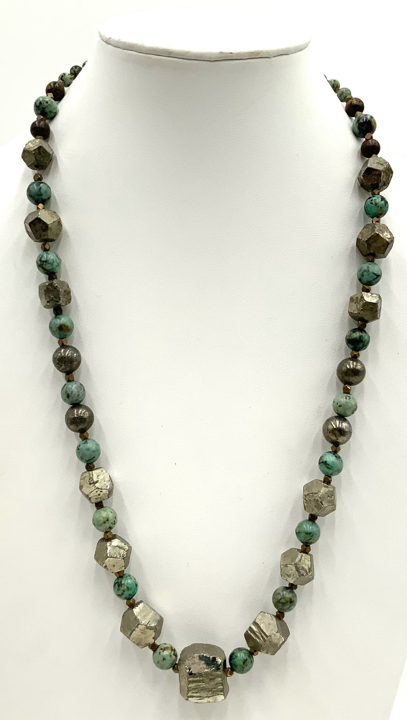 Brasstone Metal, African Turquoise & Pyrite Necklace