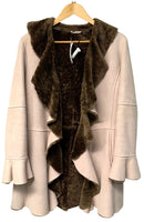 DOMINIC BELLISSIMO Blush Pink Suede Brown Shearling Ruffle Lapel Coat AS IS