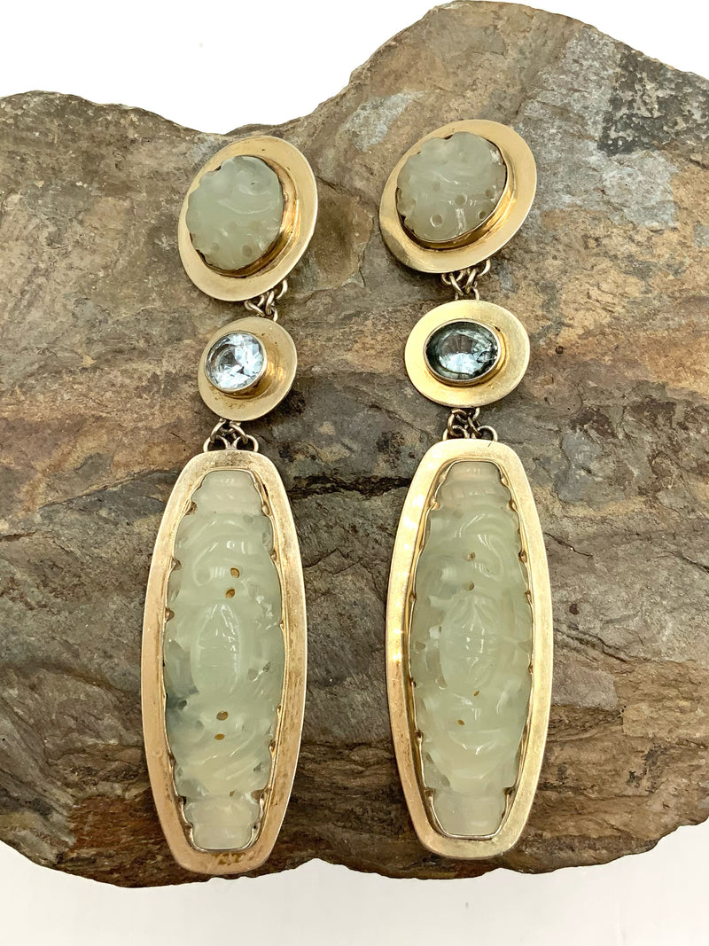 Gold Over Sterling, Carved Jade & Blue Topaz Clip-On Earrings