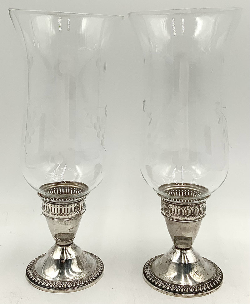 Pair of Glass Hurricanes with Sterling Base
