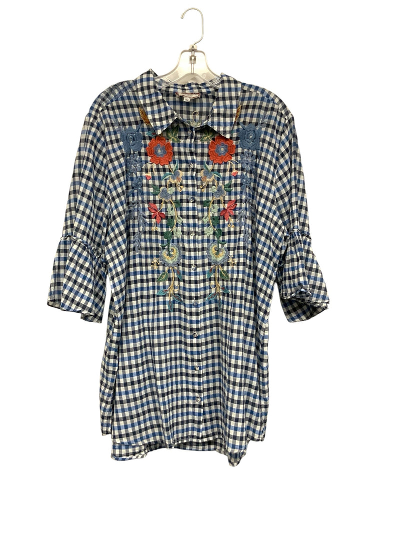 JOHNNY WAS Navy/Blue/White Check w/Floral Embroid Bell Sleeve B/D Top